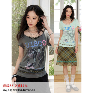 化学少女 「我爱“DISCO”」复古感蕾丝花边拼接V领印花短袖T恤女