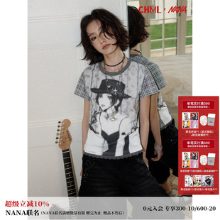 化学少女×NANA联名 复古人像拼接格纹水钻短袖T恤女蕾丝花边上衣