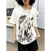 化学少女「朋克播报」 T恤宽松圆领印花上衣 子半拆卸短袖 夏季 袖