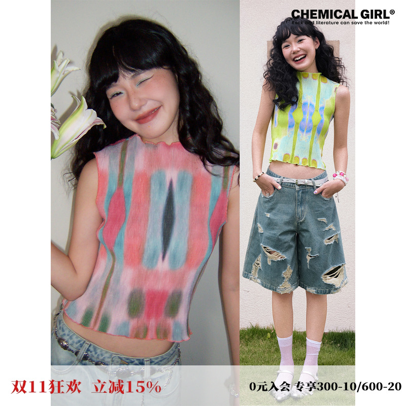 压褶印花背心女夏新品