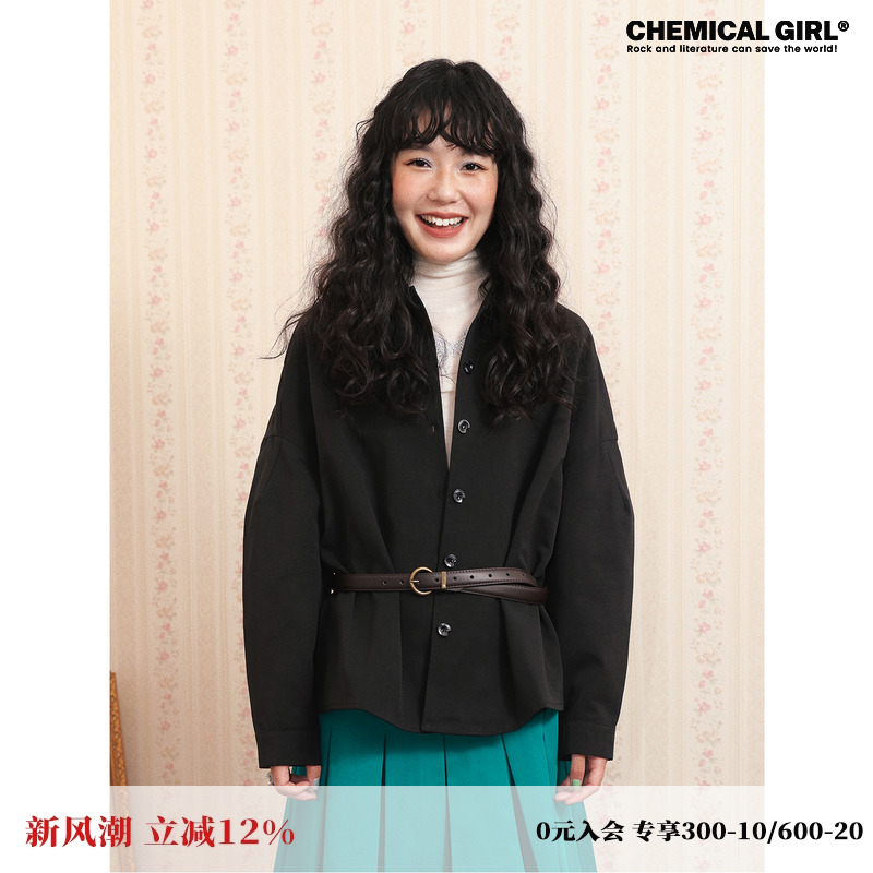 复古休闲黑色落肩袖衬衫女