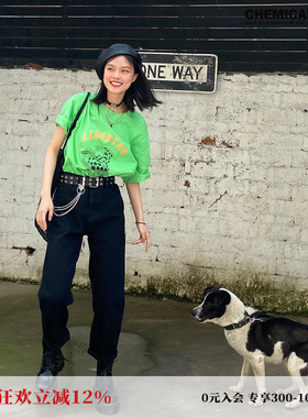 化学少女 X2「黑色神裤」高腰微弹牛仔裤黑色宽松百搭通勤小个子