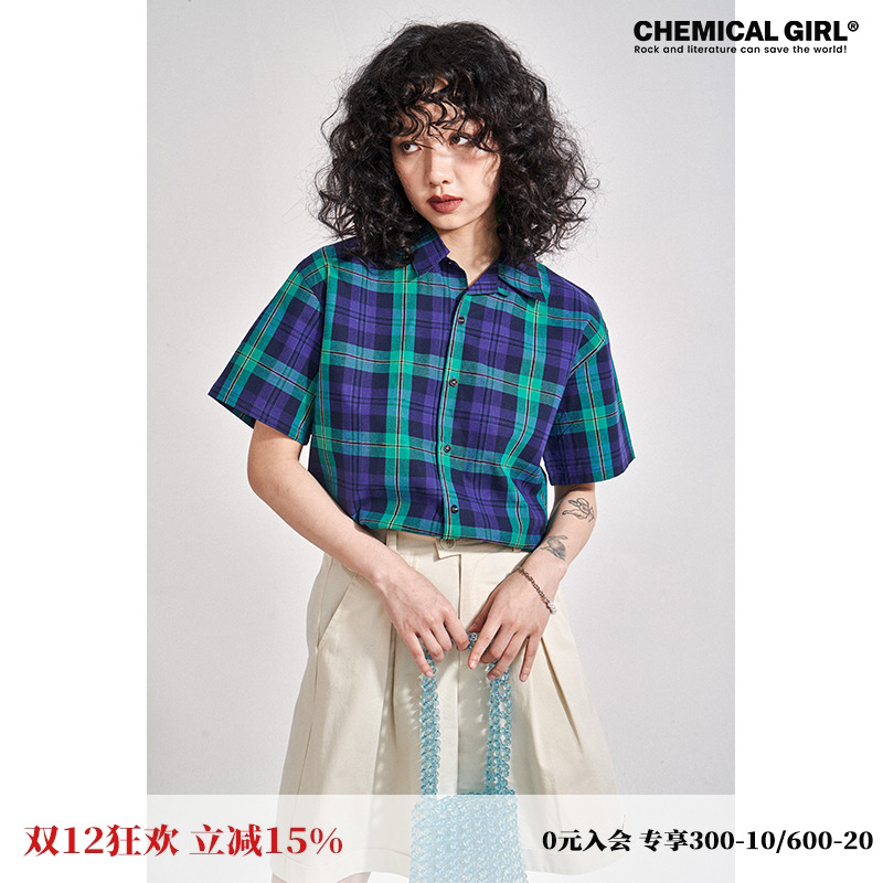化学少女经典格纹纯棉短袖衬衫