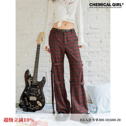 朋克风拘束带红灰格纹微喇长裤女