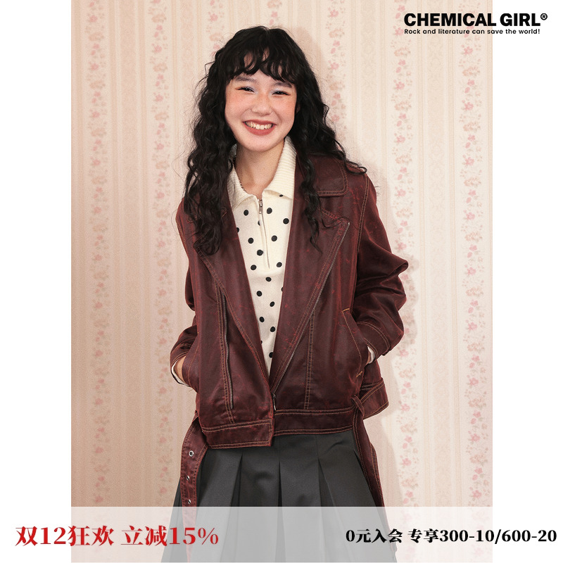 红色酷飒风短款夹克女款皮衣外套