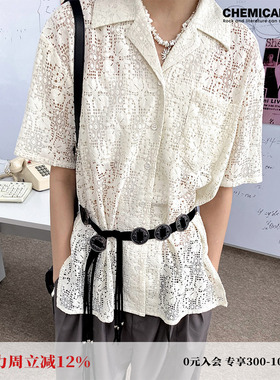 化学少女「白日梦游」 夏季复古蕾丝短袖衬衫经典古巴领宽松上衣