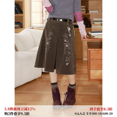 麂皮印花蕾丝拼接A字中长裙