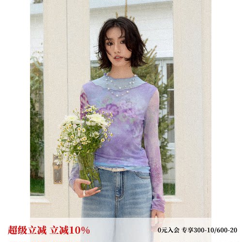 假两件撞色小高领网纱印花T恤女