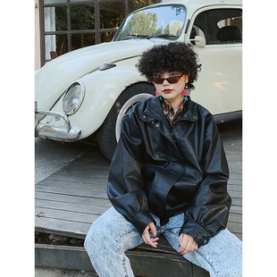 化学少女「朋克乐手」黑色复古加绒皮衣厚外套女美式 机车夹克秋冬