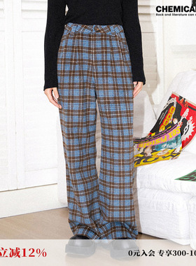 化学少女H1「午后晨前」宽松复古海盐焦糖毛呢雪盐格子直筒休闲裤