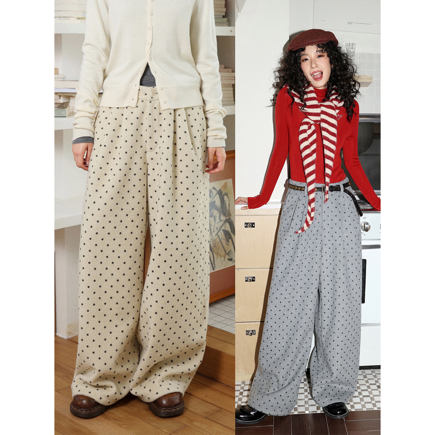 波点毛呢休闲裤女百搭