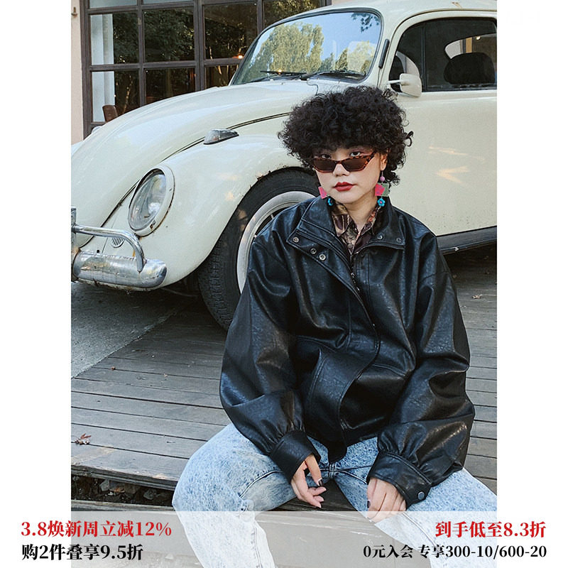 化学少女「朋克乐手」黑色复古加绒皮衣厚外套女美式机车夹克秋冬