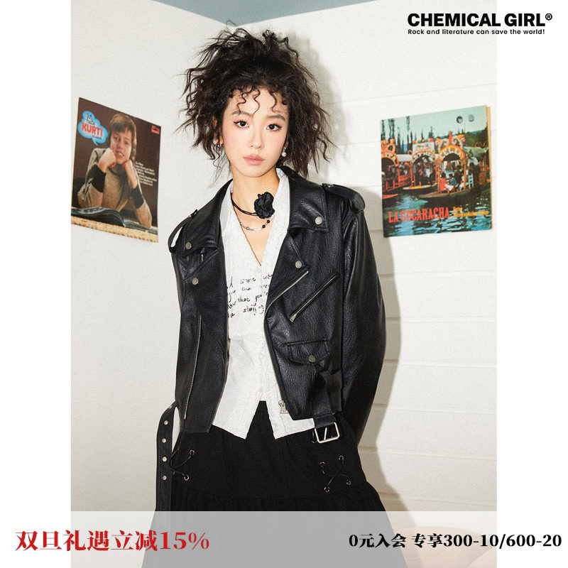 化学少女「陆地飞行家」短款摇滚朋克经典机车服黑色夹克皮衣外套