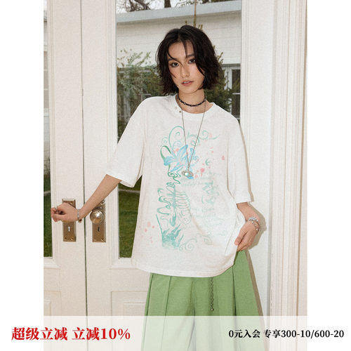 慵懒感珍珠环印花宽松短袖T恤女
