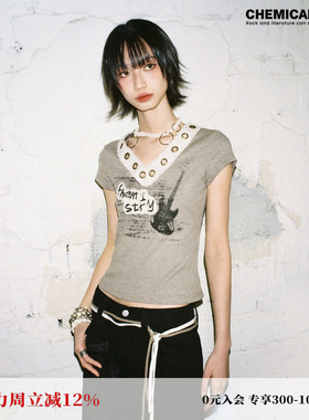 化学少女「流浪乐队」气眼V领吉他印花短袖T恤女夏复古摇滚风上衣