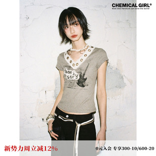 化学少女「流浪乐队」气眼V领吉他印花短袖 T恤女夏复古摇滚风上衣