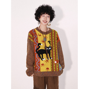 化学少女「疑惑小猫」刺绣针织衫 复古上衣毛衣秋冬女 绵羊毛