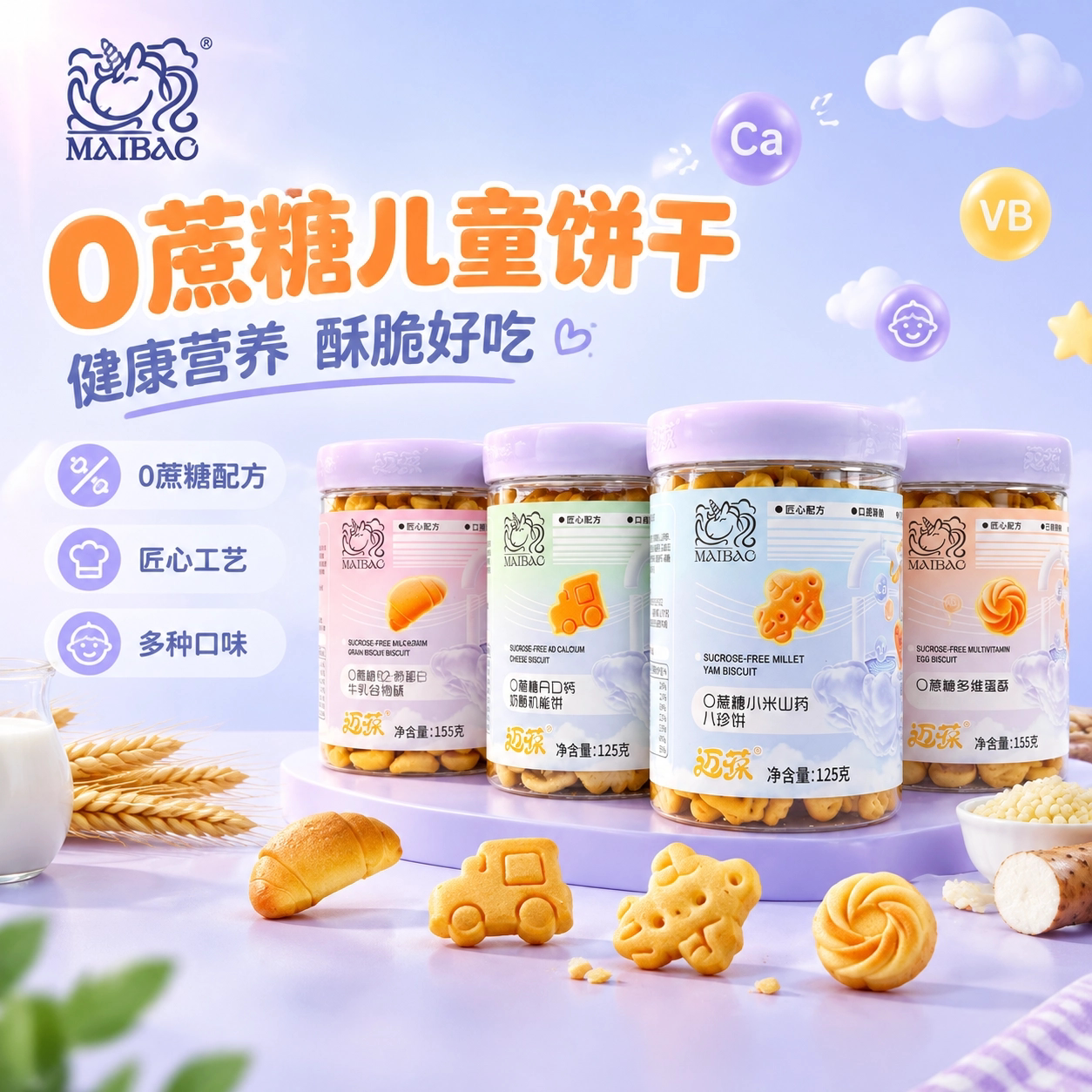 迈葆0蔗糖果蔬饼干小米山药造型饼干宝宝高钙零食牛乳谷物酥罐装