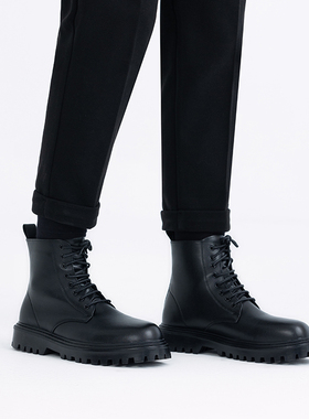 英伦风圆头马丁靴男2024新款系鞋带厚底靴子真皮8眼中高帮马丁靴