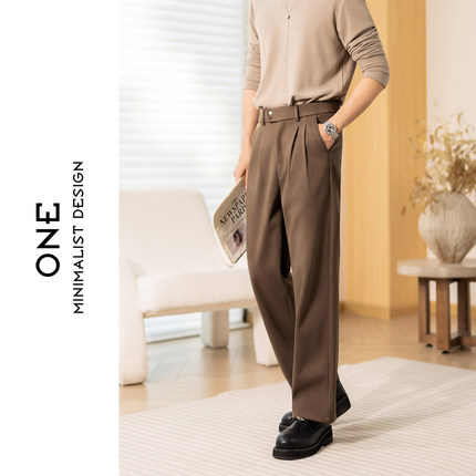ONE秋冬老钱风高腰直筒休闲裤男宽松百搭长裤极简风高级感毛呢裤