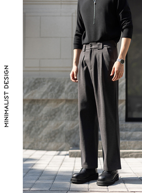 秋冬新款时尚老钱风高级感男士毛呢裤直筒休闲裤加绒保暖免烫长裤