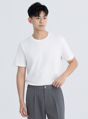 新疆棉240g白色重磅t恤宽松纯棉圆领纯色简约打底衣服男短袖内搭