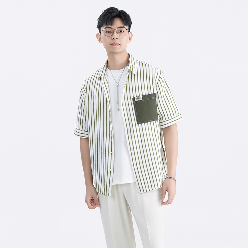2025春夏新款时尚经典条纹短袖衬衫痞帅贴布口袋衬衣小清新中袖