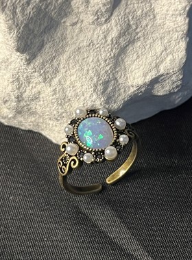 中古天然月光石欧泊珍珠戒指开口可调节蓝光灰月光做旧风食指戒指