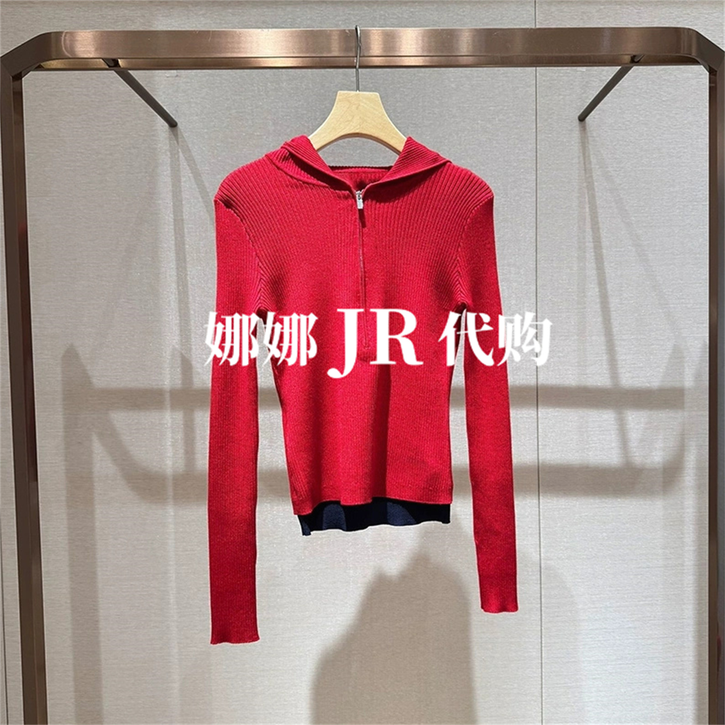 2025冬连帽假两件拼接撞色针织衫