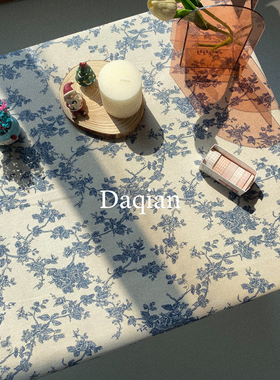 大千印象 复古蓝色碎花桌布 ins风玫瑰野餐布拍照背景布棉麻盖布