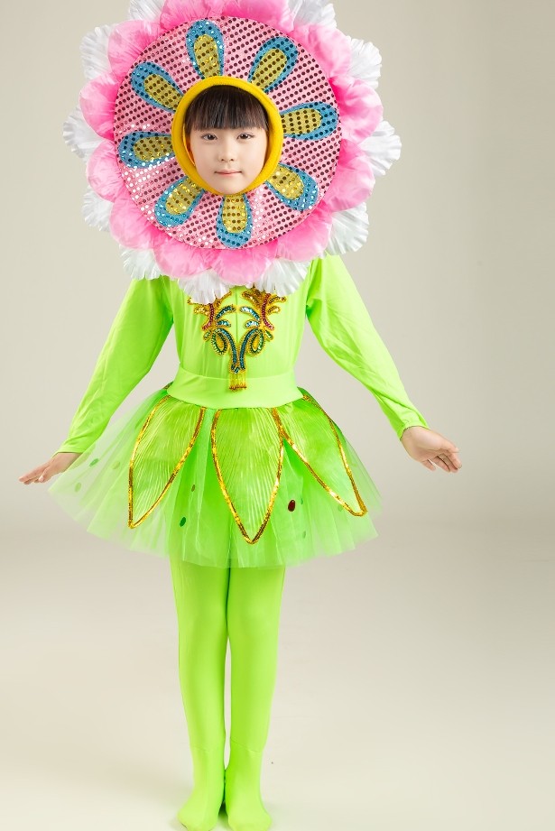 定制 六一儿童老师您好小花朵表演服绿色纱裙向日葵舞蹈服太阳花