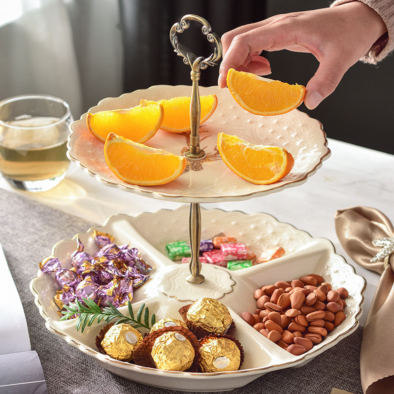 家用双层果盘美式欧式客厅陶瓷水果盘蛋糕架点心盘多功能干果糖大