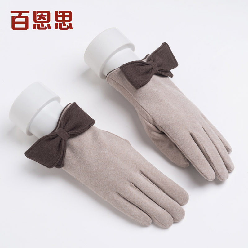 女士五指手套秋冬季冬天加绒加厚户外保暖开车骑行韩版时尚可触屏
