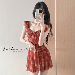 甜辣ins复古分体泳衣女保守遮肚格子温泉度假高级感泳装 法式 新款