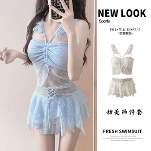 显瘦高级感海边度假游泳装 泳衣女分体无袖 吊带美背小清新保守修身