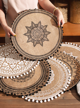 毛球麻布编波西米亚隔热垫餐桌家用西餐垫砂锅垫菜盘餐桌垫子防油