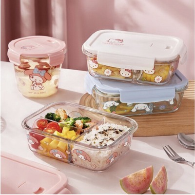 三丽鸥玻璃碗饭盒微波炉加热专用保鲜碗学生上班族长方形分隔带盖