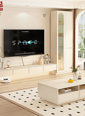 奶油风悬挂式电视柜背景墙组合柜客厅储物斗柜一字板置物柜8D88