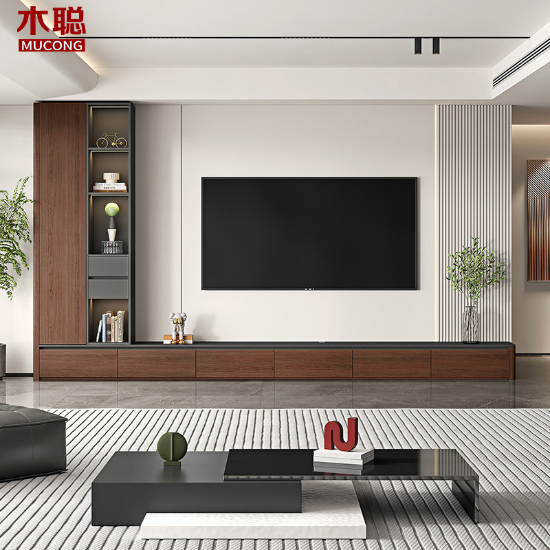 意式轻奢风电视柜落地收纳储物柜一体客厅家用展示柜组合墙4D105