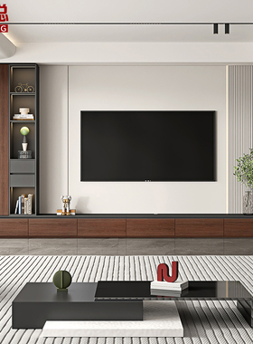 意式轻奢风电视柜落地收纳储物柜一体客厅家用展示柜组合墙4D105