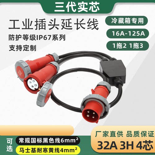 直销冷藏集装箱插头插座一分二延长线分线带线32A3H三相四线IP67