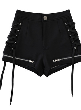 紧身短裤女高腰黑色热裤运动健身弹力绑带打底超短裤嘻哈街舞性感