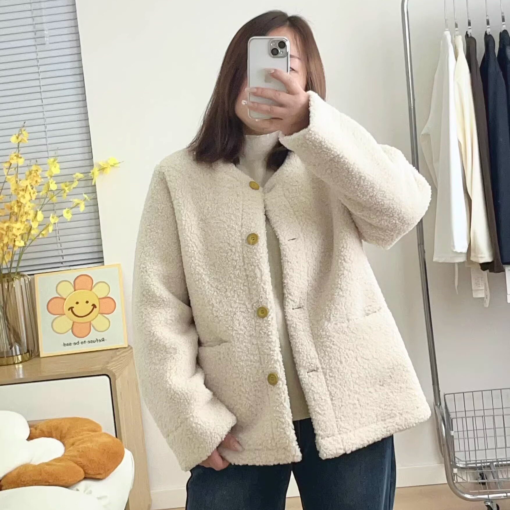 秋冬大码温柔系米白羊羔毛外套女