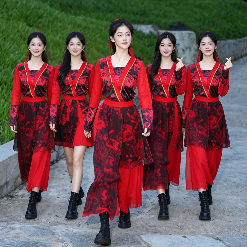 开场舞中国风打鼓演出舞蹈服红色古典爵士舞服装年会女团表演套装