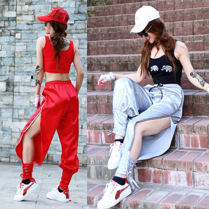 欧美镂空jazz裤子性感侧边开叉休闲裤女爵士舞服装红色跳舞练功裤