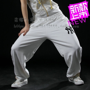 男女时尚白色嘻哈宽松滑板街舞裤收口运动舞蹈JAZZ练功裤子演出服