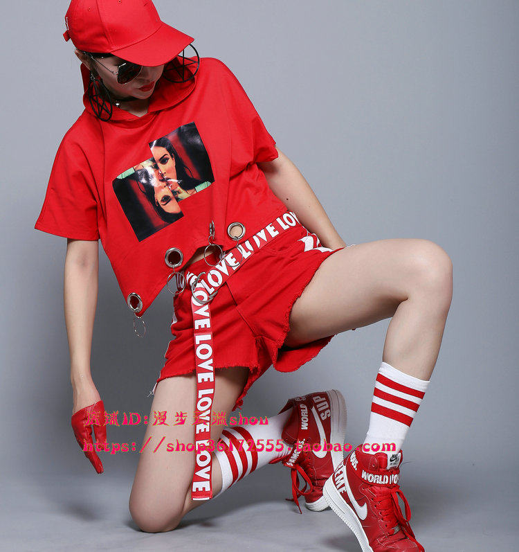 JAZZ舞蹈服装学生嘻哈街舞女团套装演出服宽松短上衣运动短裤夏季