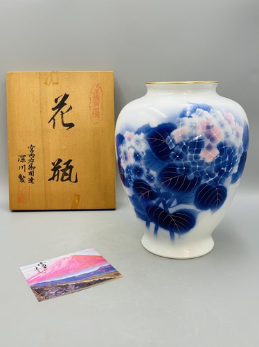 B452，日本回流深川制瓷｜金彩紫阳花大花瓶 带原盒，白瓷胎身