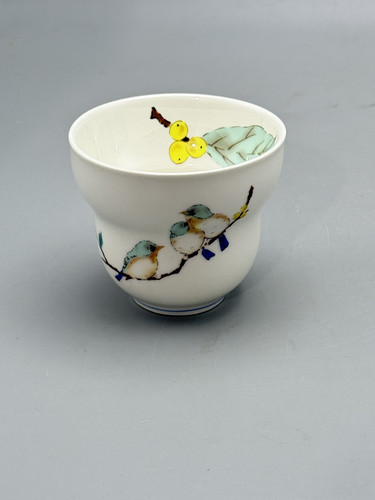 九谷青郊相思鸟葫芦杯，口径约8cm，高7cm