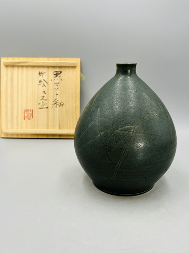 B684，日本回流 黑釉刻绘纹水滴形花入｜日式手作陶瓶 带原木盒
